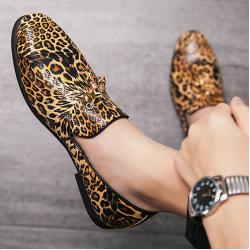 Brown Leopard Tassels Mens Loafers Prom Flats Dress Shoes