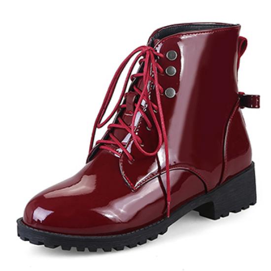 Burgundy Patent Lace Up Back Bow Military Combat Boots Booties Boots Zvoof