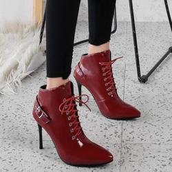 Burgundy Patent Lace Up Pointed Head Ankle Stiletto High Heels Boots Booties