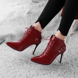 Burgundy Patent Lace Up Pointed Head Ankle Stiletto High Heels Boots Booties