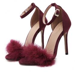 Burgundy Suede Flurry Fur Stiletto High Heels Gown Sandals Shoes