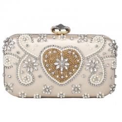 Cream Pearls Rhinestones Heart Baroque Glamorous Hand Bridal Clutch Purses Bag