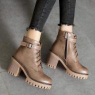 Khaki Brown Cleated Sole Lace Up HIgh Heels Chunky Ankle Miltary Boots Shoes