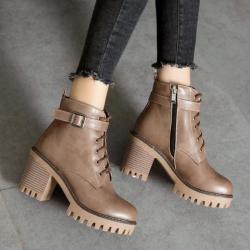 Khaki Brown Cleated Sole Lace Up HIgh Heels Chunky Ankle Miltary Boots Shoes