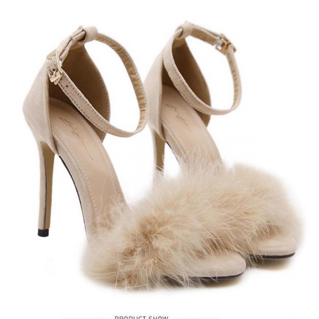 Khaki Suede Flurry Fur Stiletto High Heels Gown Sandals Shoes ...