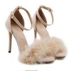 Khaki Suede Flurry Fur Stiletto High Heels Gown Sandals Shoes