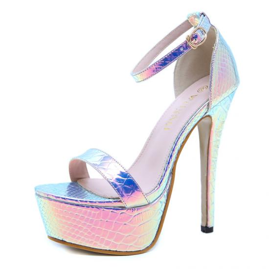 Pink Aurora Borealis Metallic Platforms Super High Stiletto Heels Sandals Shoes Super High Heels Zvoof