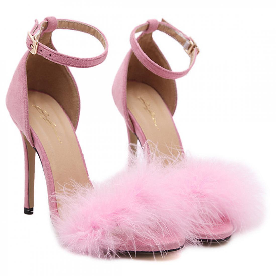 Pink Suede Flurry Fur Stiletto High Heels Gown Sandals Shoes ...