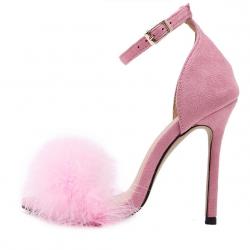 Pink Suede Flurry Fur Stiletto High Heels Gown Sandals Shoes