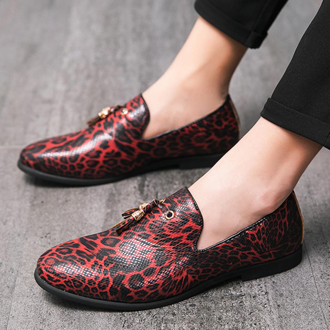 Red Leopard Tassels Mens Loafers Prom Flats Dress Shoes ...