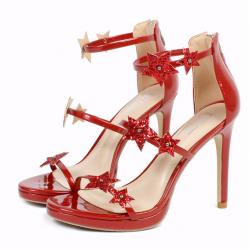 Red Rhinestones Stars Straps Sexy High Stiletto Heels Sandals Shoes
