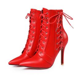 Red Side Lace Up Pointed Head Ankle Stiletto High Heels Boots