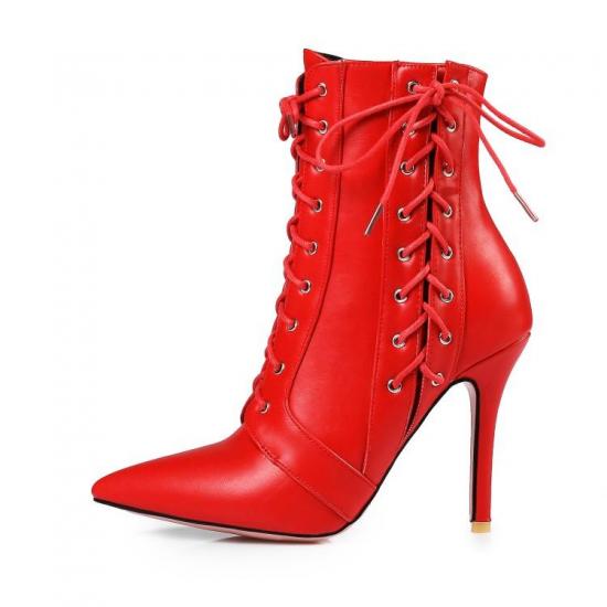 Red Side Lace Up Pointed Head Ankle Stiletto High Heels Boots ...