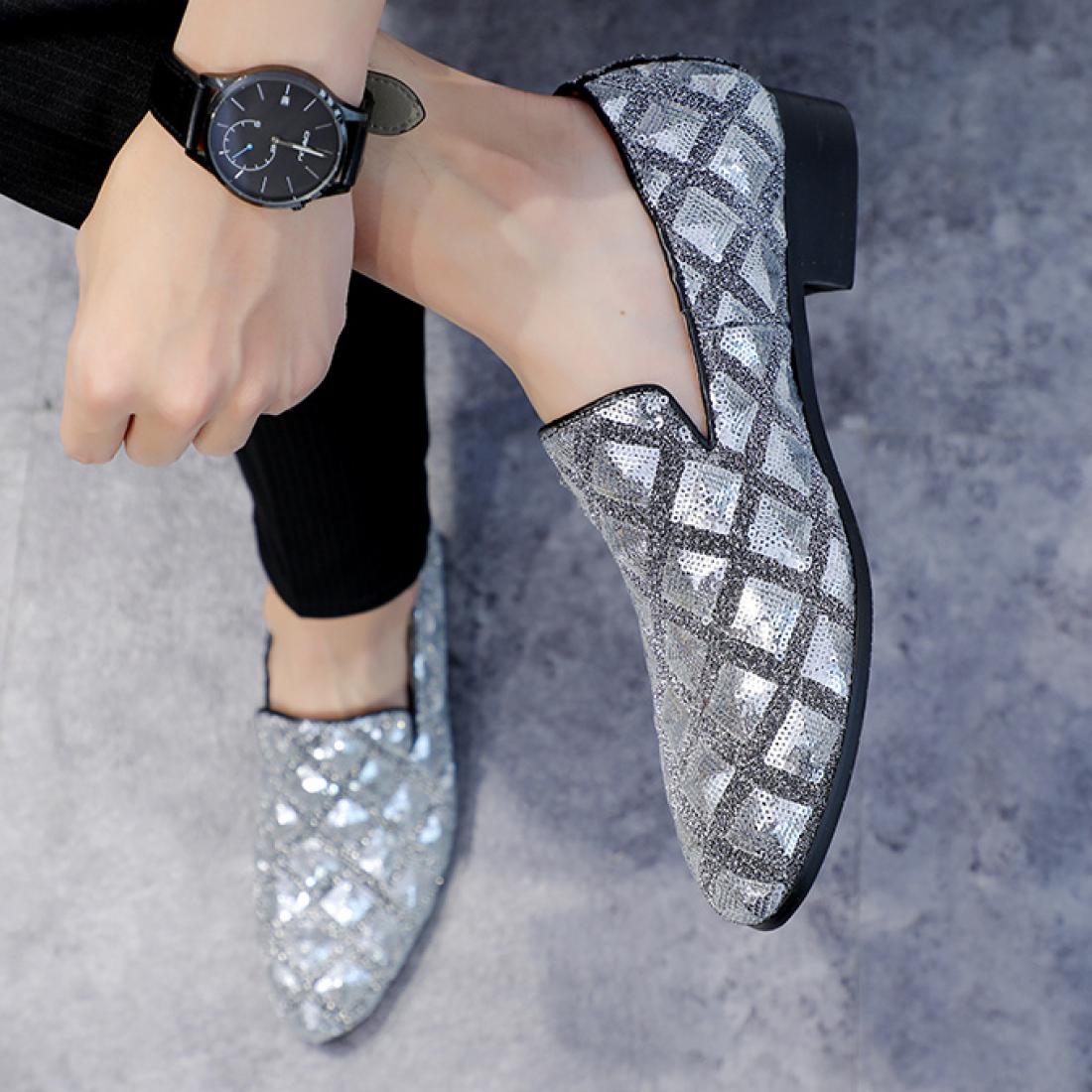 SIlver Checkers Sequins Bling Bling Mens Loafers Prom Flats ...