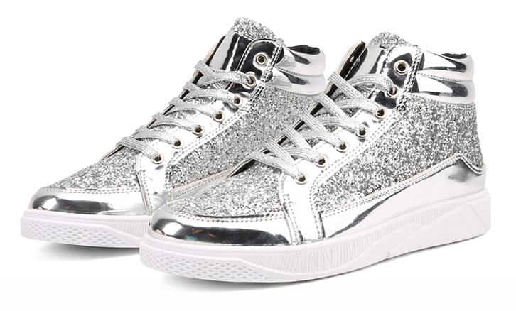 Grey Patent Glitter Spikes Punk Rock Mens High Top Lace Up Sneakers Shoes