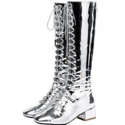 Silver Mirror Long Knee Military Blunt Head Fashion Stage Boots