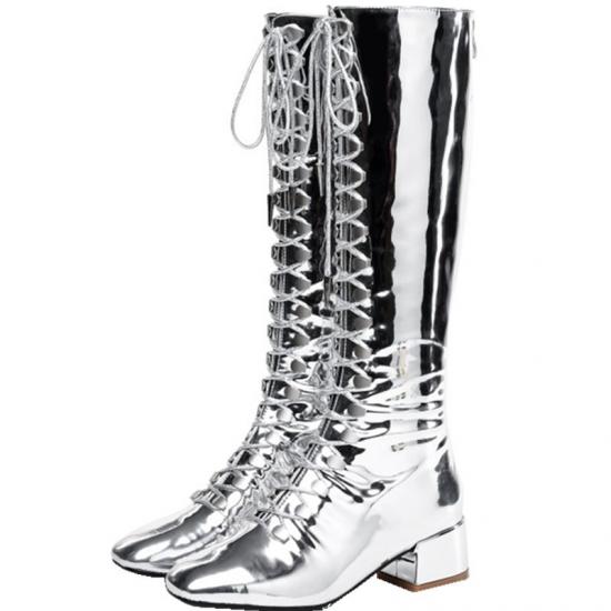Silver Mirror Long Knee Military Blunt Head Fashion Stage Boots Boots Zvoof