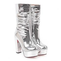 Silver Mirror Mid Long Knee Platforms High Block Heels Stage Boots