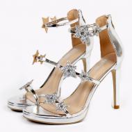 Silver Rhinestones Stars Straps Sexy High Stiletto Heels Sandals Shoes