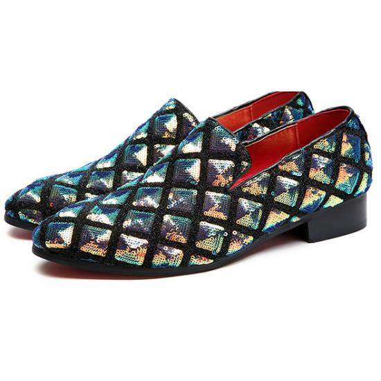 Turquoise Teal Checkers Sequins Bling Bling Mens Loafers