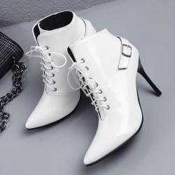 White Patent Lace Up Pointed Head Ankle Stiletto High Heels Boots Booties