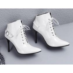 White Patent Lace Up Pointed Head Ankle Stiletto High Heels Boots Booties