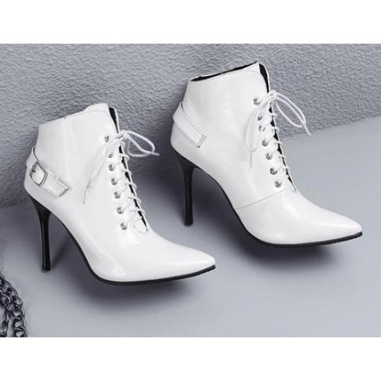 White Patent Lace Up Pointed Head Ankle Stiletto High Heels Boots Booties High Heels Zvoof