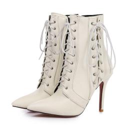 White Side Lace Up Pointed Head Ankle Stiletto High Heels Boots