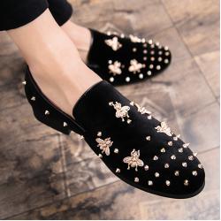 Black Bees Gold Studs Spikes Mens Loafers Flats Dress Shoes