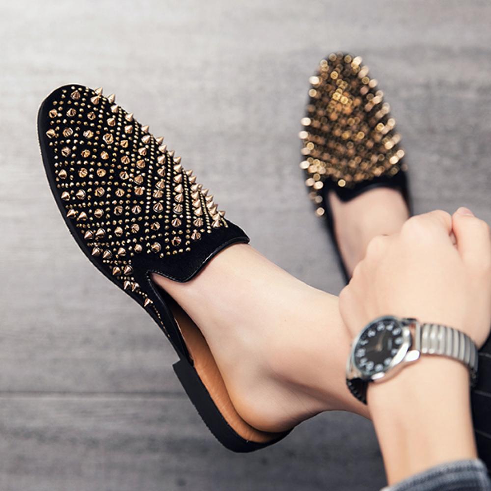 Black Gold Checkers Spikes Mens Loafers Flats Dress Sandals ...