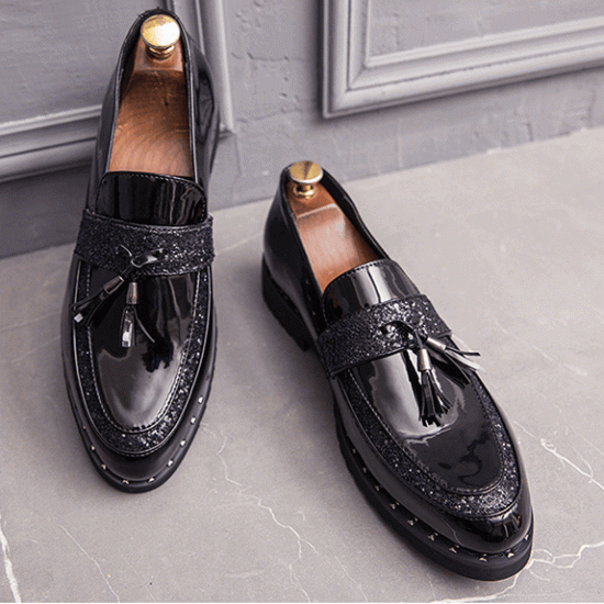 Black Patent Glitters Tassels Mens Loafers Flats Dress Shoes ...
