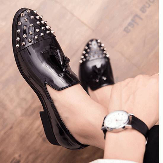 Black Patent Spikes Tassels Mens Loafers Flats Dress Shoes Loafers Zvoof