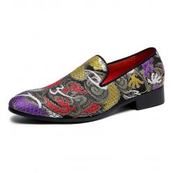 Black Purple Embroideried Dapper Mens Loafers Flats Dress Shoes