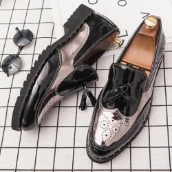 Black Silver Wingtip Tassels Mens Loafers Flats Dress Shoes