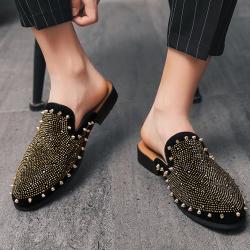Black Suede Gold Studs Spikes Mens Loafers Flats Dress Sandals Shoes