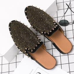 Black Suede Gold Studs Spikes Mens Loafers Flats Dress Sandals Shoes