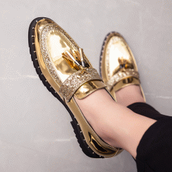 Gold Patent Glitters Tassels Mens Loafers Flats Dress Shoes