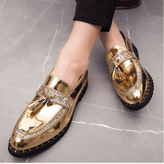 Gold Patent Glitters Tassels Mens Loafers Flats Dress Shoes Loafers Zvoof
