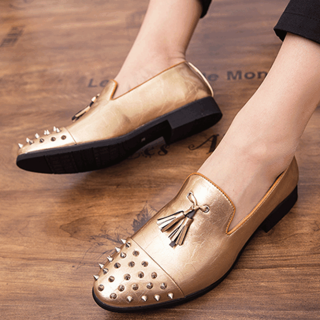 Gold Patent Spikes Tassels Mens Loafers Flats Dress Shoes