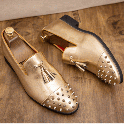 Gold Patent Spikes Tassels Mens Loafers Flats Dress Shoes