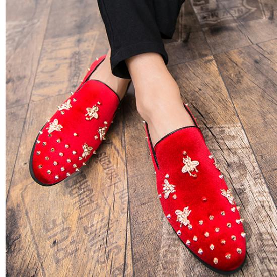 Red Suede Gold Bees Spike Studs Punk Rock Mens Loafers Flats Dress Shoes