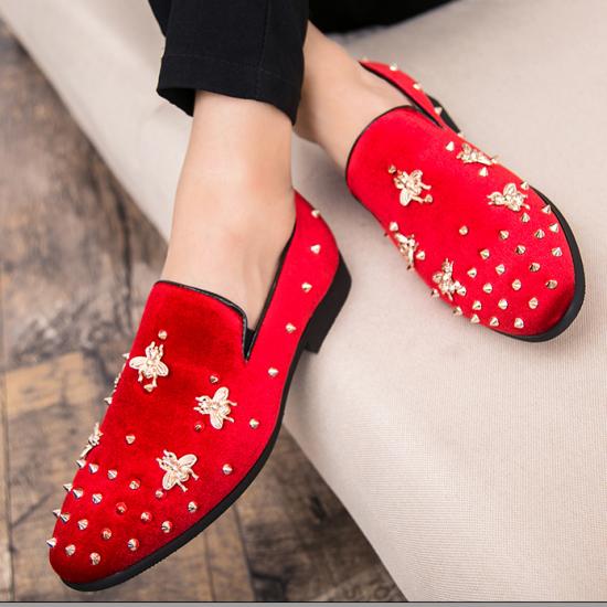 Red Suede Gold Bee Spikes Mens Loafers Flats Dress Shoes