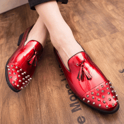 Red Patent Spikes Tassels Mens Loafers Flats Dress Shoes
