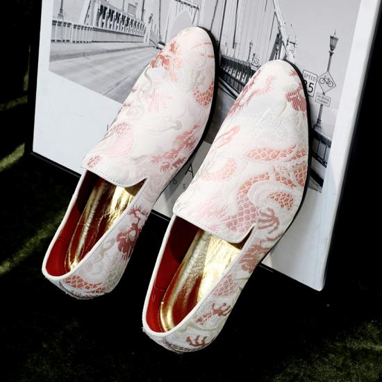 White Pink Embroideried Dapper Mens Loafers Flats Dress Shoes Loafers Zvoof