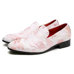 White Pink Embroideried Dapper Mens Loafers Flats Dress Shoes