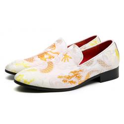 White Yellow Embroideried Dapper Mens Loafers Flats Dress Shoes