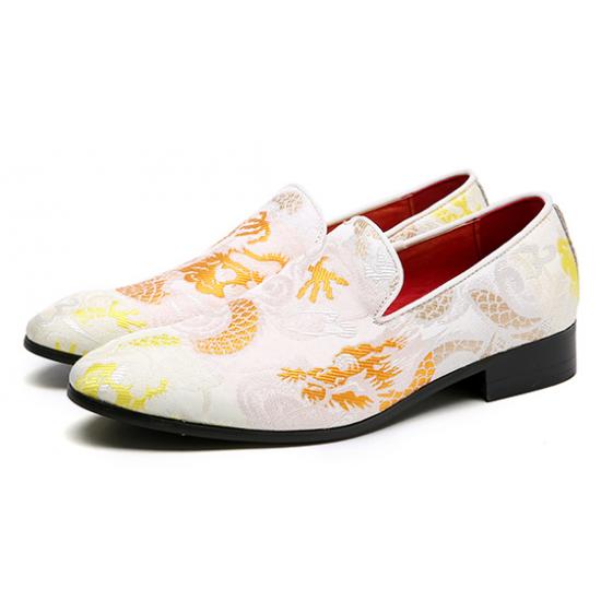White Yellow Embroideried Dapper Mens Loafers Flats Dress Shoes Loafers Zvoof