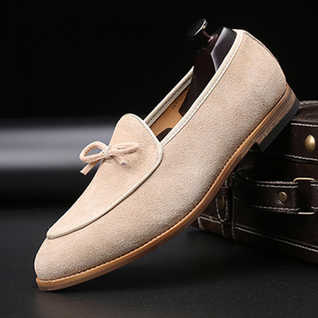 Beige Suede Bow Dapper Mens Prom Loafers Dress Shoes Loafers 3641