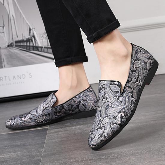 Black Grey Paisleys Ethnic Mens Loafers Flats Dress Shoes Loafers Zvoof