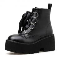 Black Ribbons Lace Up Gothic Chunky Platforms Sole Heels Ankle Boots